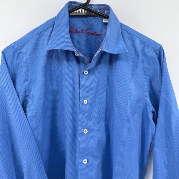 Robert Graham Kids Blue Herringbone Paisley Trim Button Down Shirt Size L - Picture 2 of 11